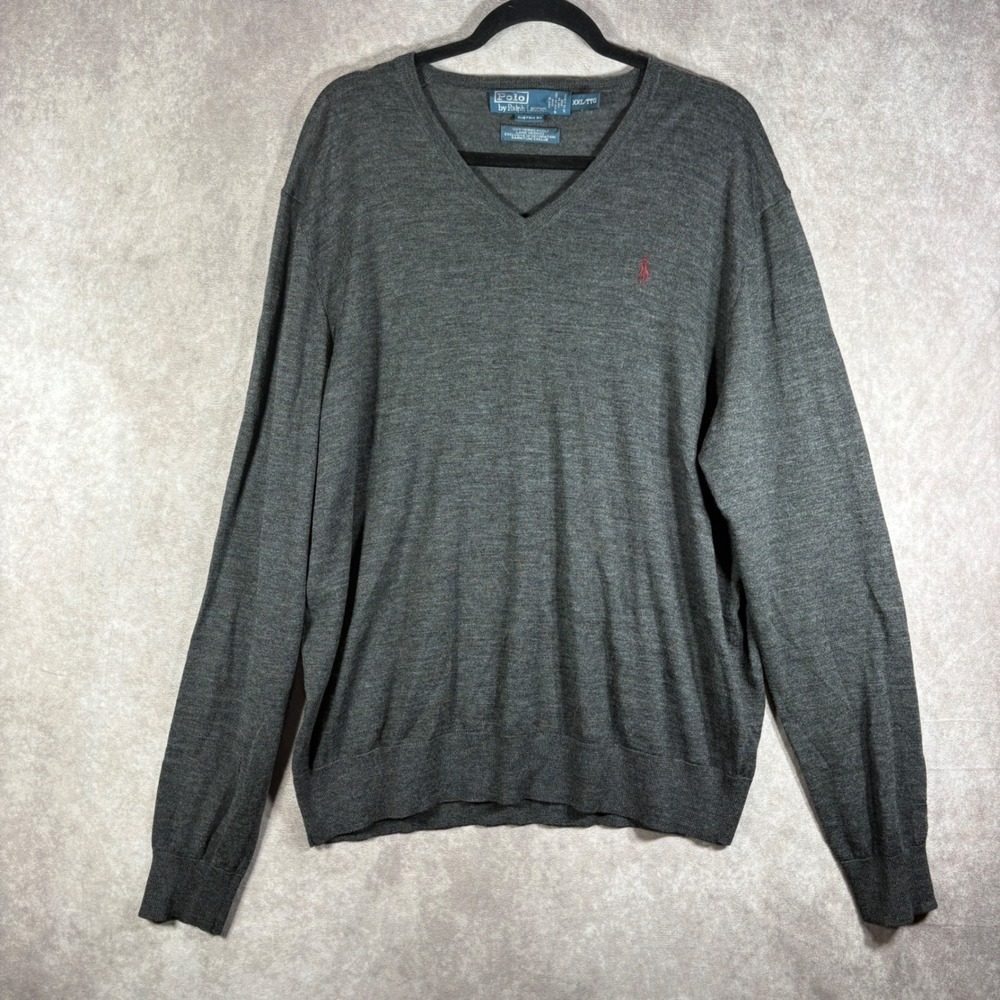 Polo Ralph Lauren Sweater Mens Size XXL Gray Merino Wool V-Neck Custom Fit Light